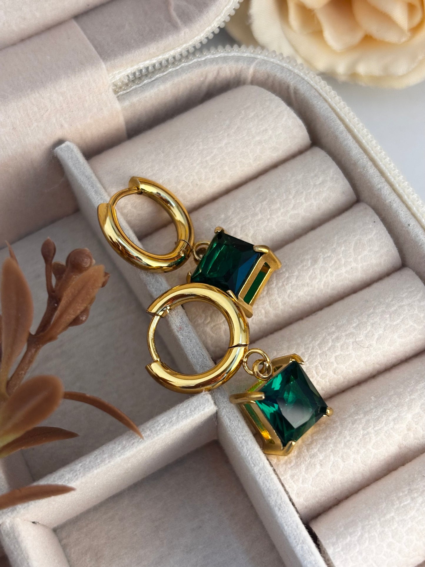 Emerald Stone Huggie Drops Earrings | Anti Tarnish Gold Plated