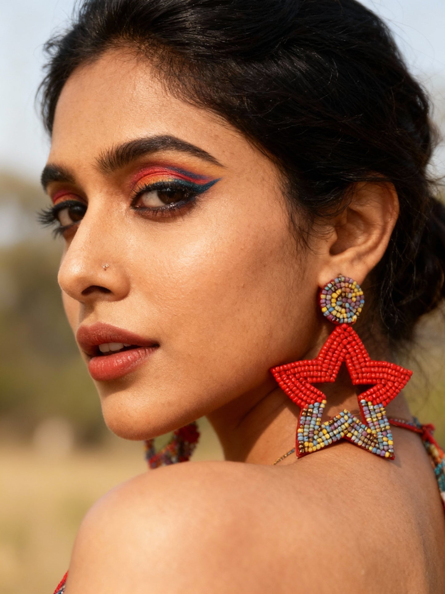 Red Beaded Star Statement Earrings