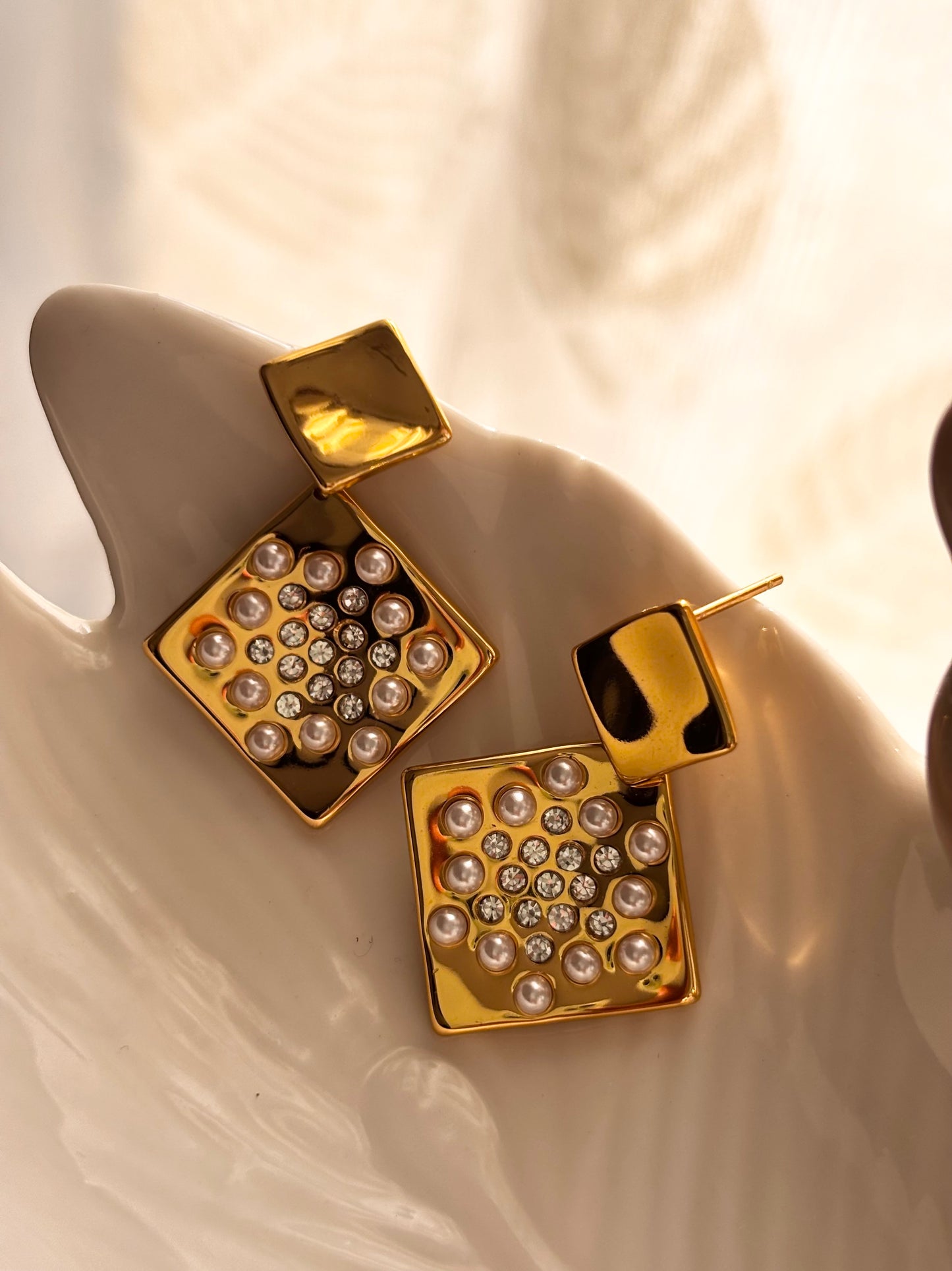 Gold Square Pearl Zircon Statement Earrings | Non Tarnish 18k Gold Plated