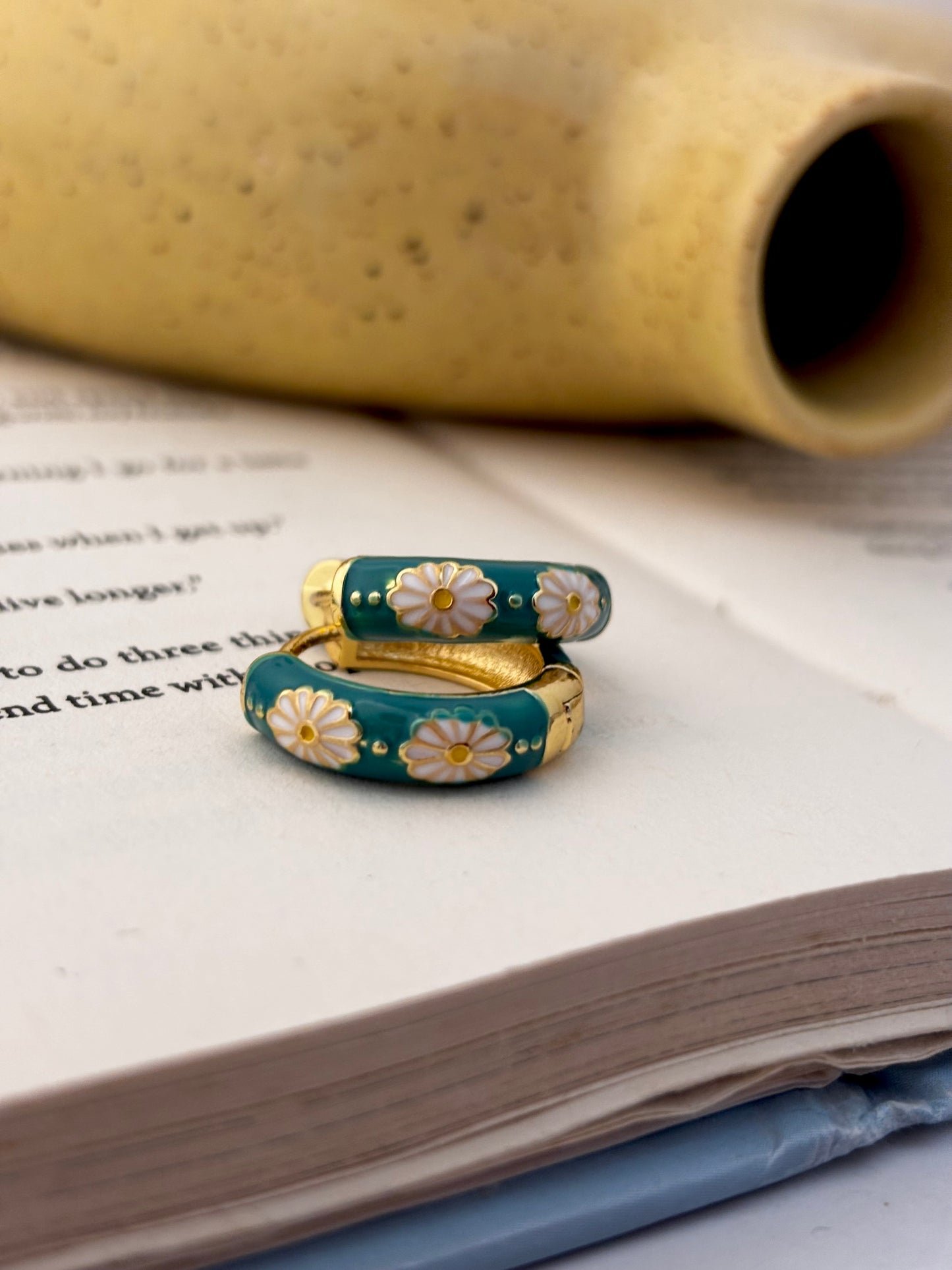 Set of 2 | Green-Pink Enamel Floral Huggie Hoops | Anti-Tarnish Gold Plated Meenakari Earrings
