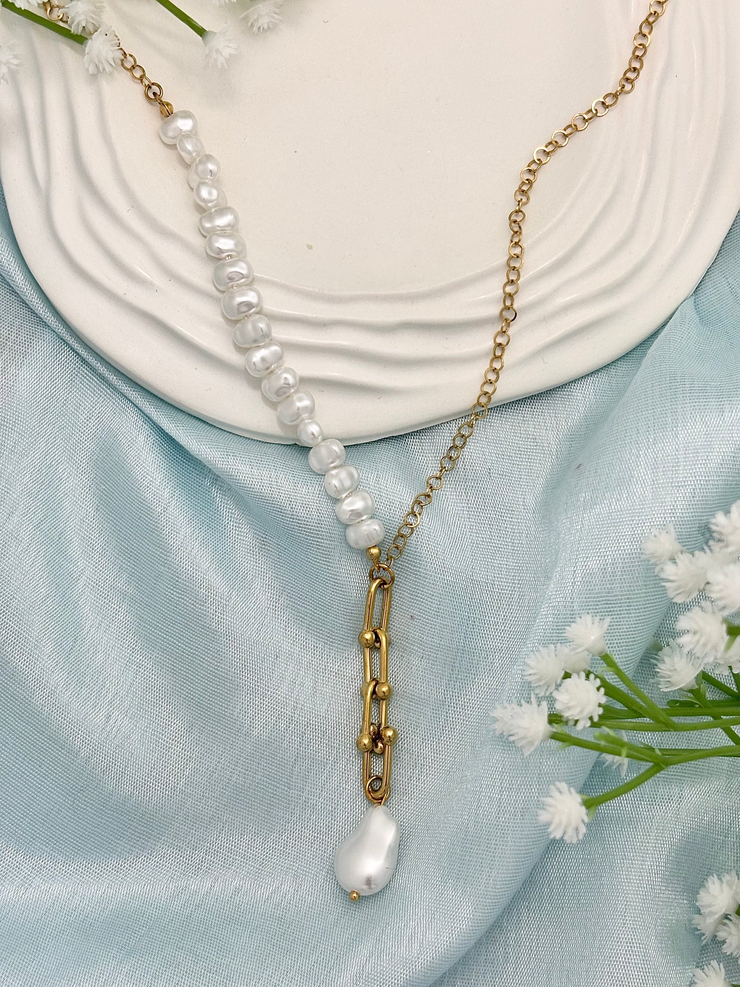 Half Pearl Lariat Necklace