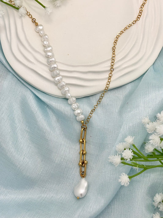 Half Pearl Lariat Necklace