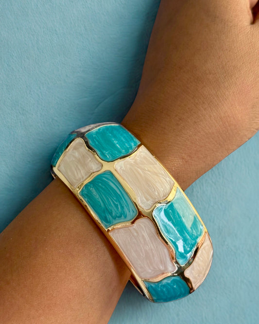 Checkered Blue & White Chunky Gold Enamel Bracelet