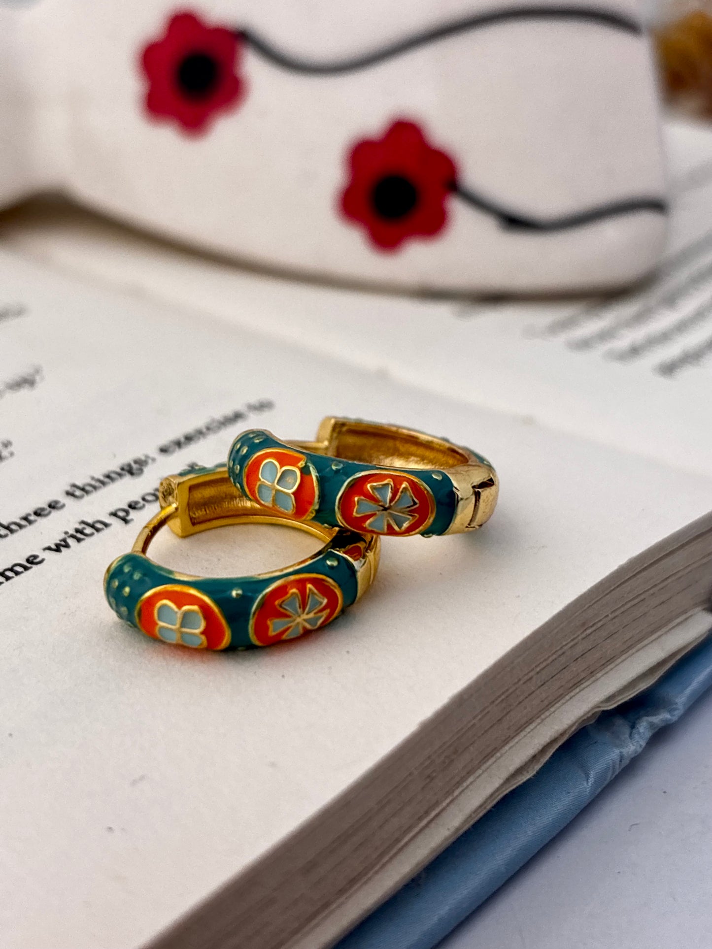 Set of 2 | Green-Yellow Enamel Huggie Hoops | Anti-Tarnish Gold Plated Meenakari Earrings