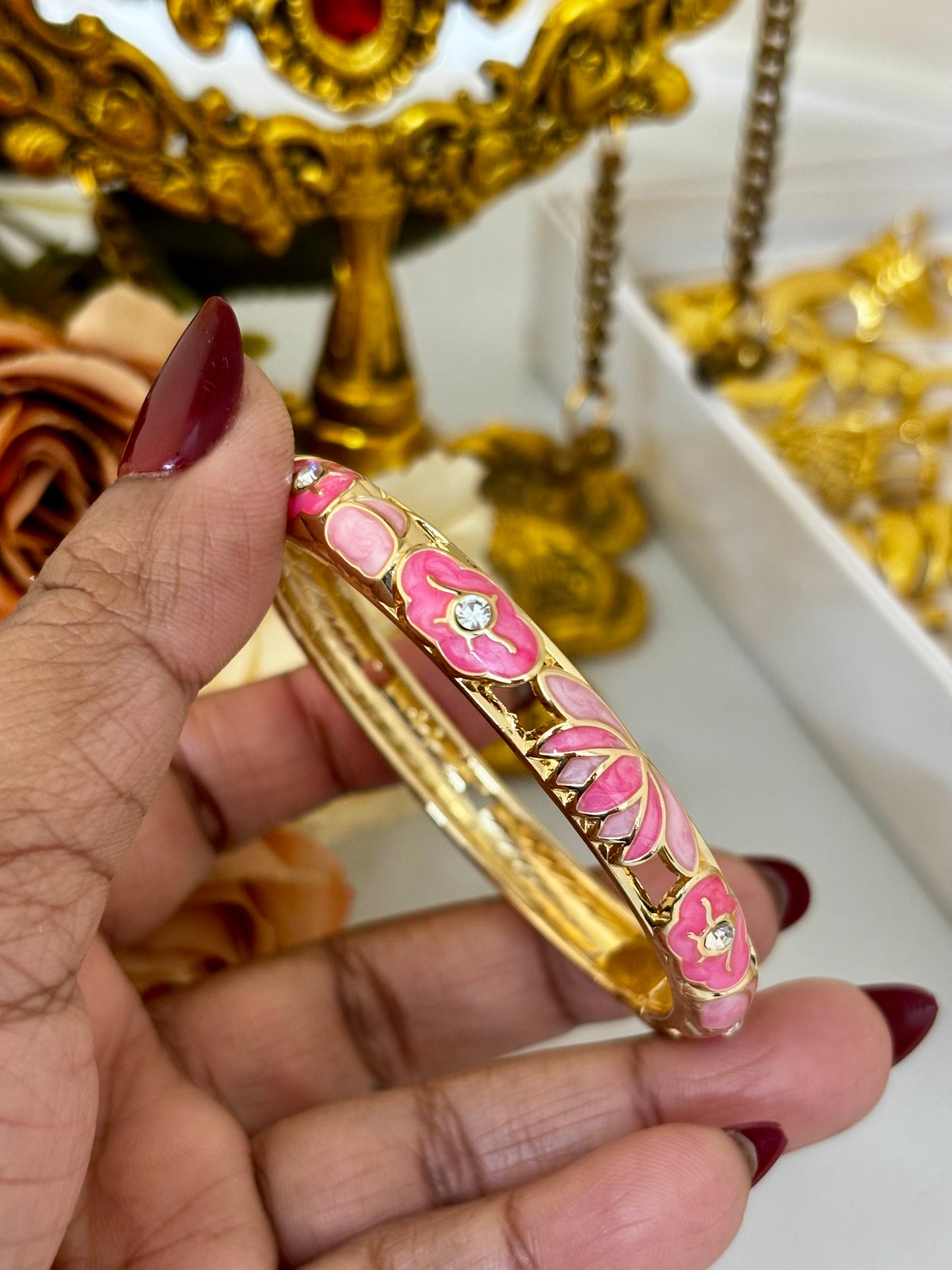Pink Flower Meenakari Kada Bracelet