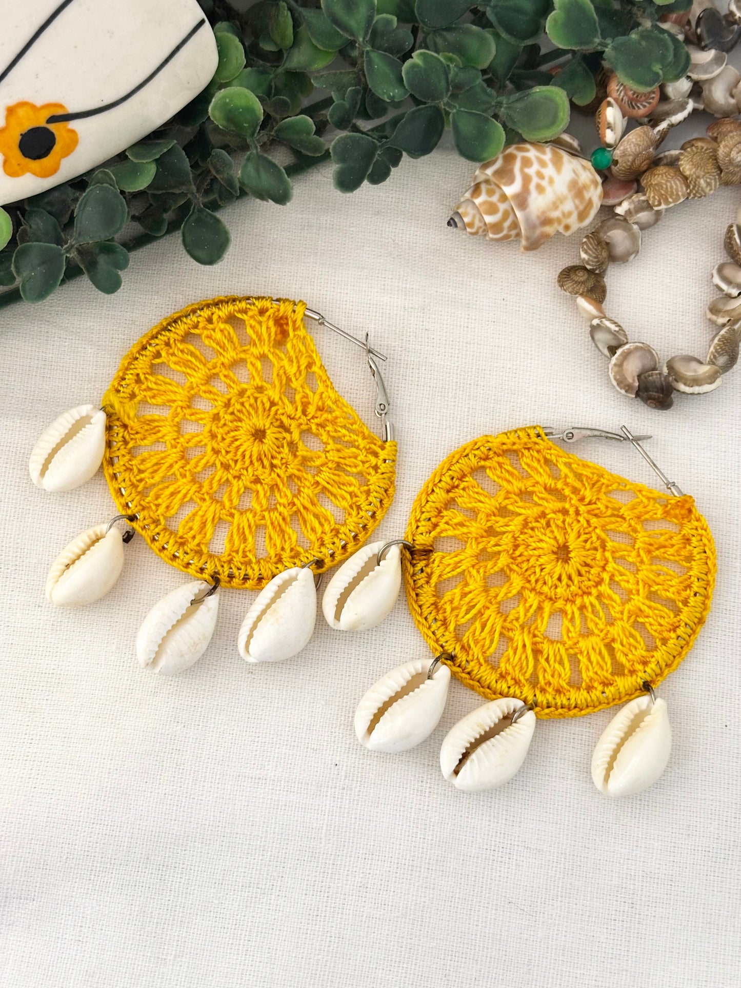 Handmade Yellow Crochet Cowrie Shell Hoop Earrings