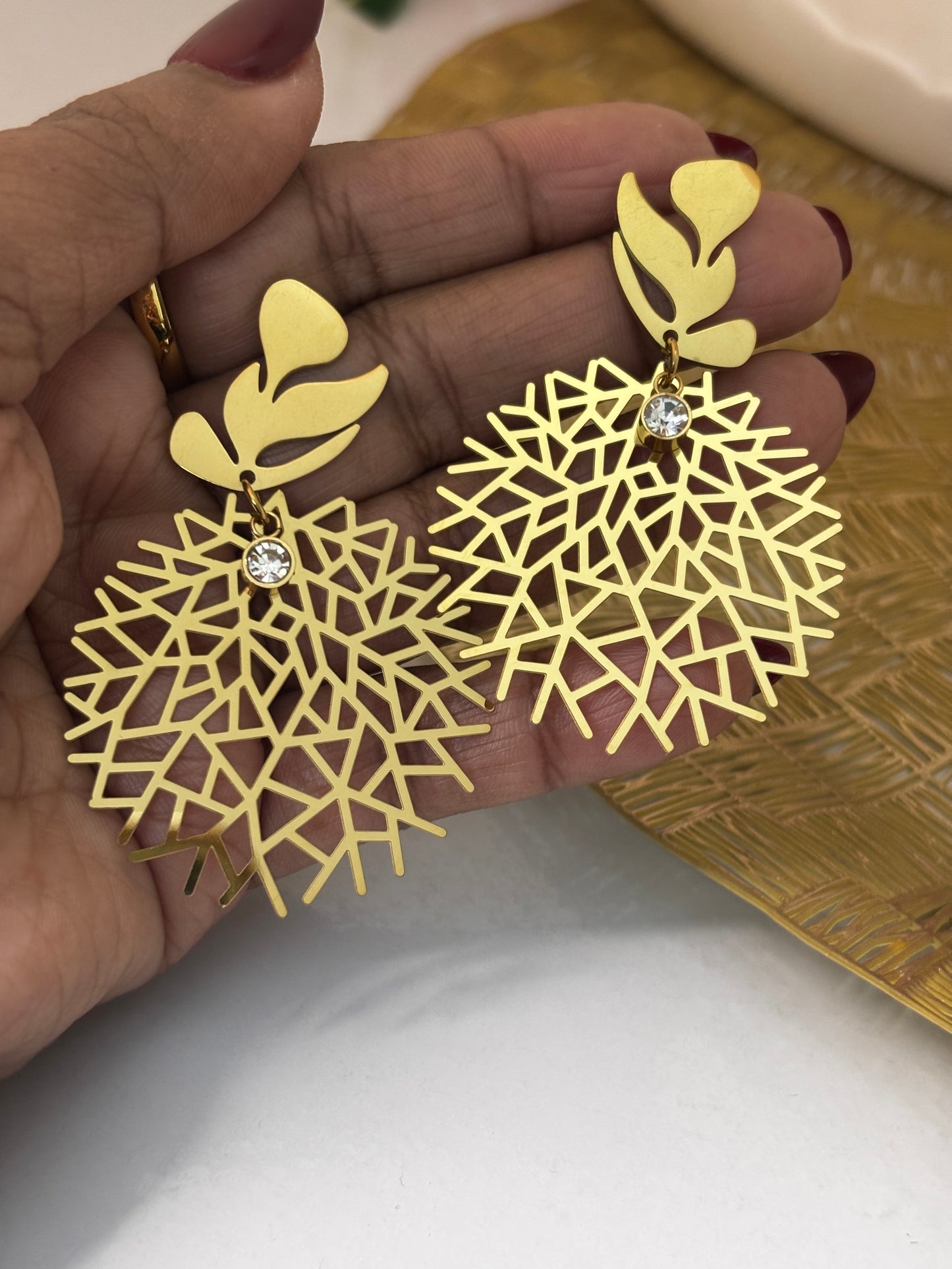 Golden Leaf Filigree Statement Earrings for Women