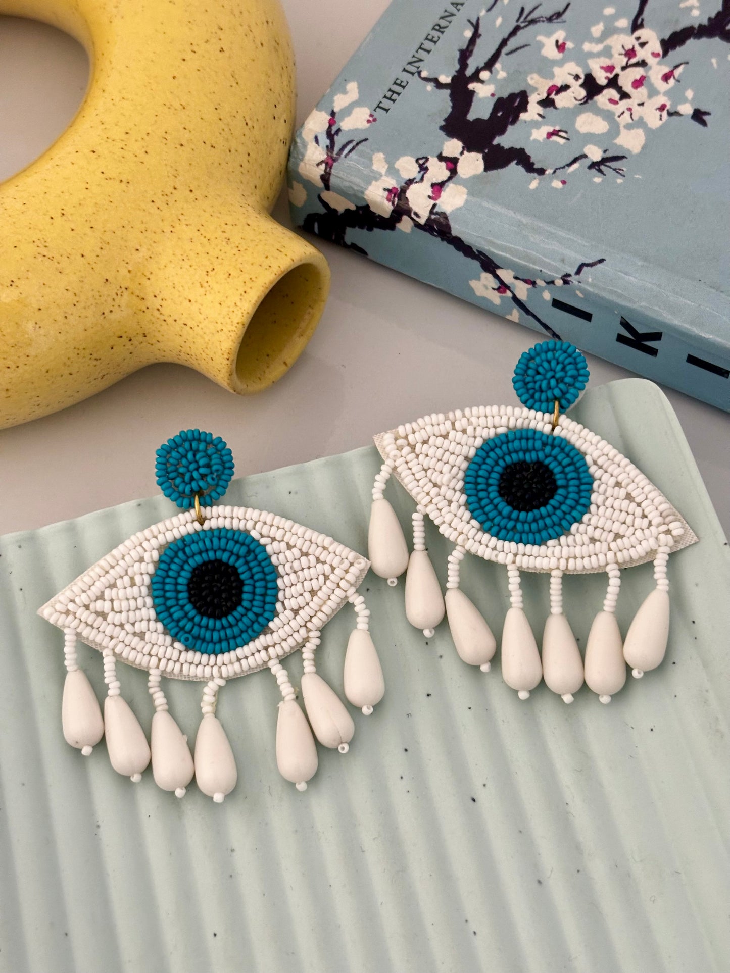 Blue and White Evil Eye Statement Fringe Earrings