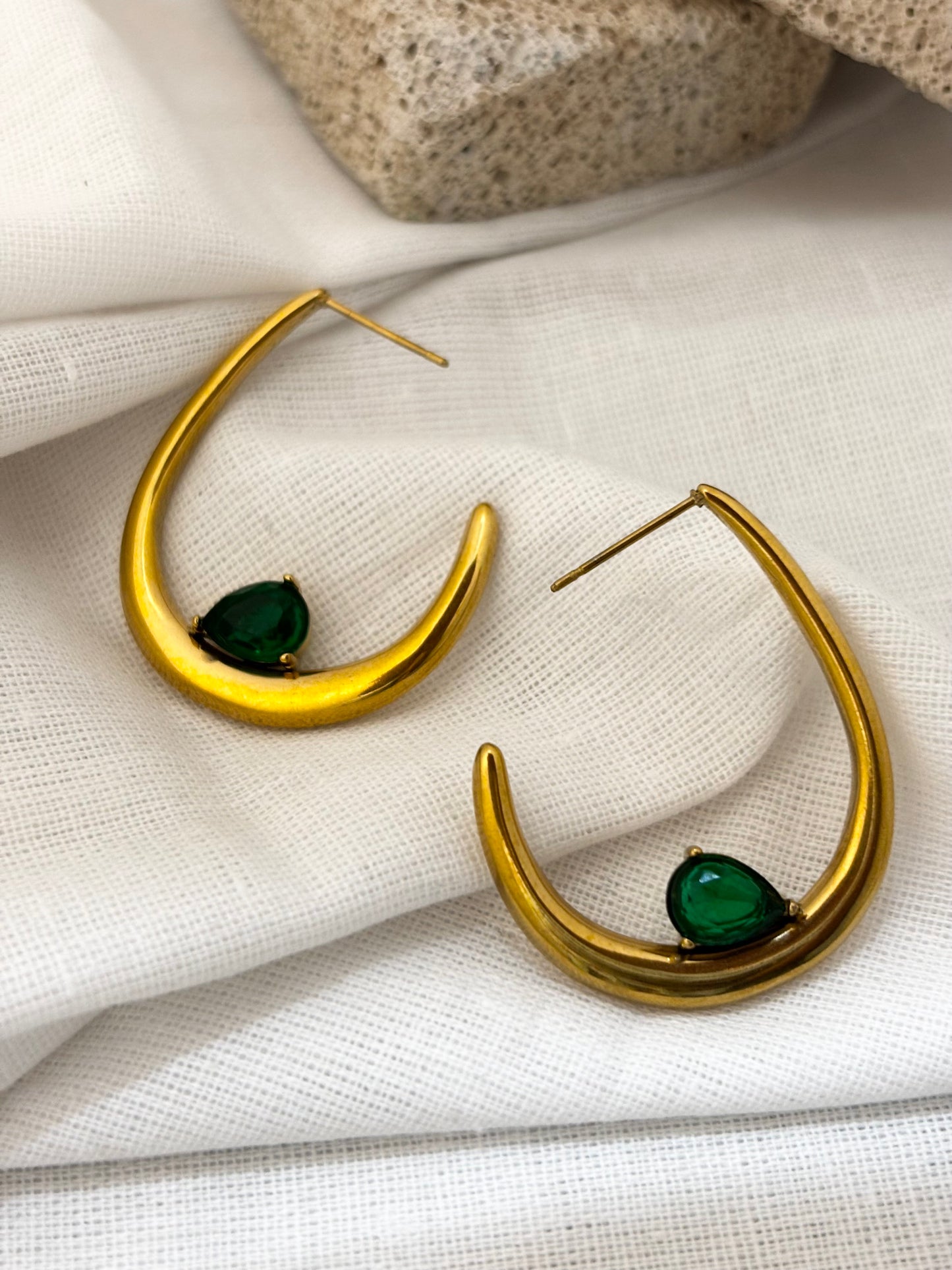 Emerald Crescent Gold Hoops | Anti Tarnish