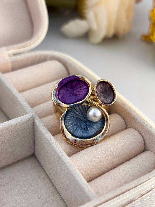 Layered Enamel Pearl Statement Ring | Adjustable Golden Base