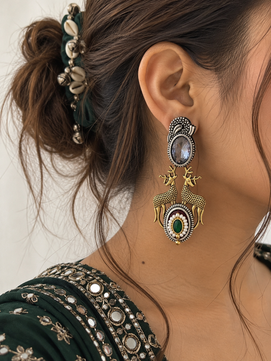 Mrignayani Silver Look Alike (White) | Deer Motifs | Pachi Kundan