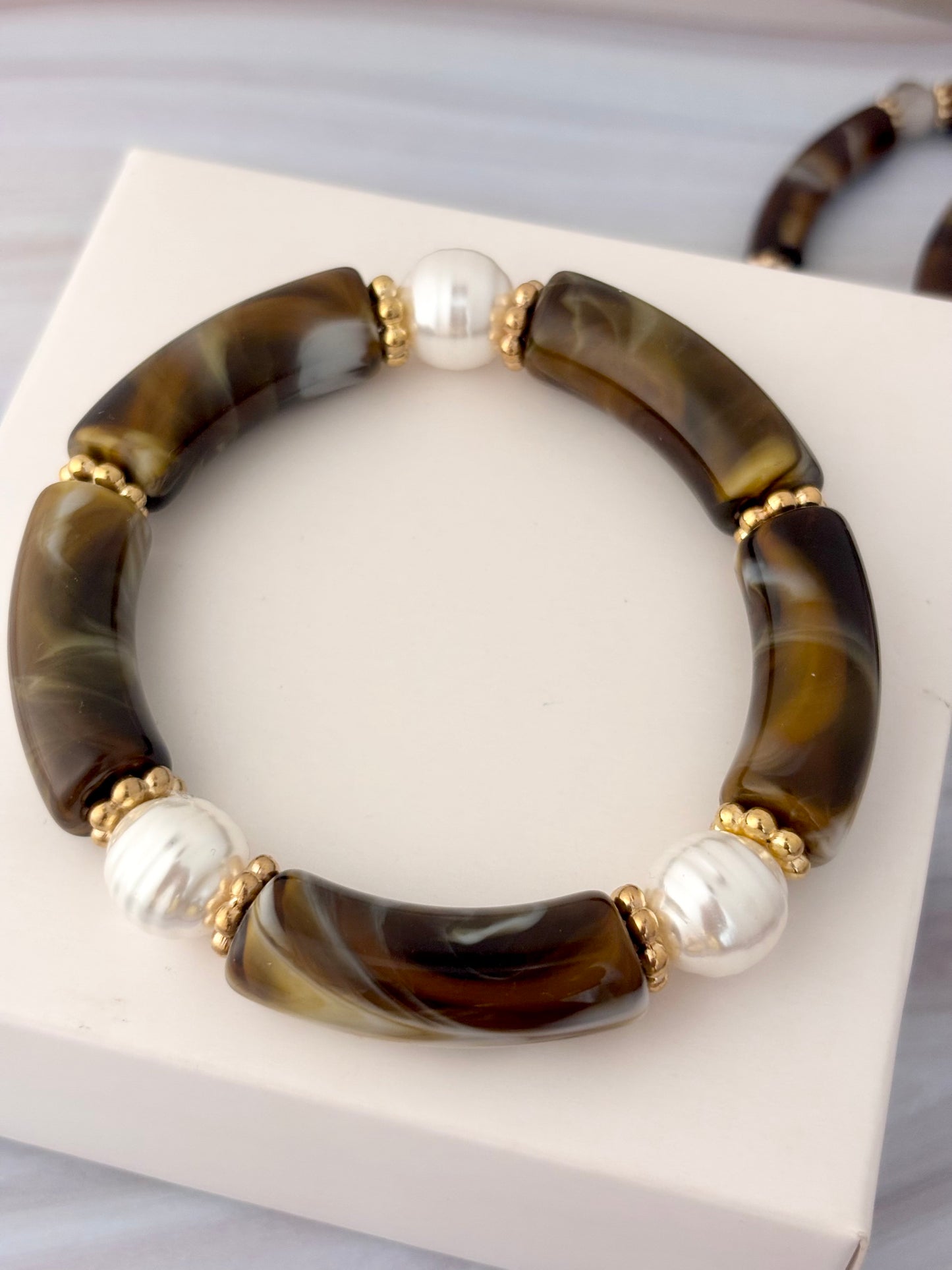 3 Piece Mocha Pearl Acrylic Bracelet Stack | All size