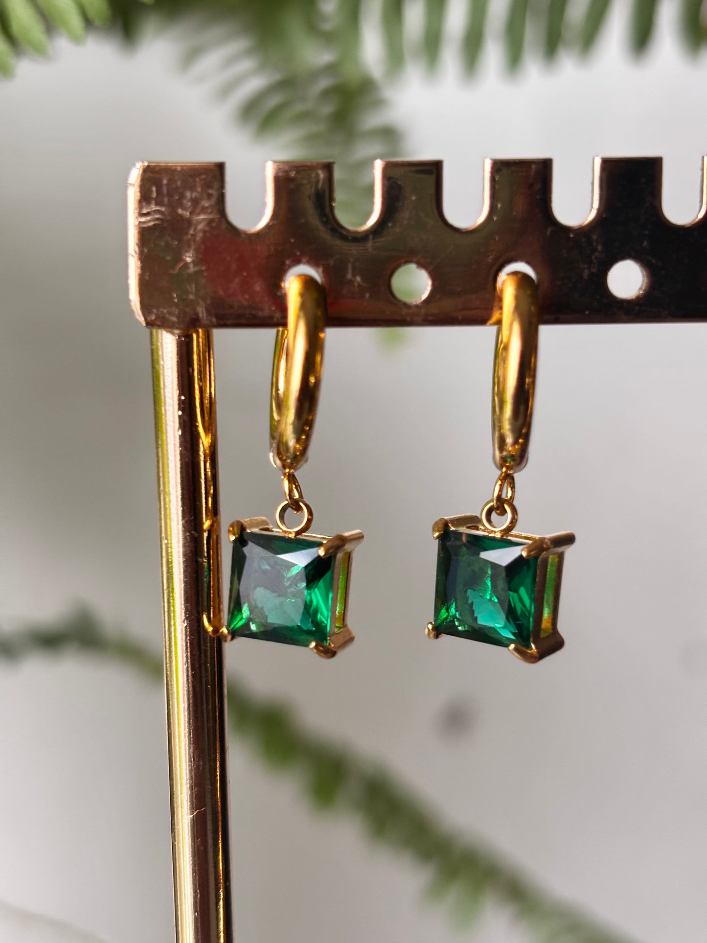 Emerald Stone Huggie Drops Earrings | Anti Tarnish Gold Plated