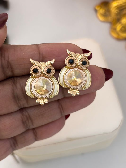 Owl Stud Earrings for Women | Anti-Tarnish Gold Plated Zircon Enamel Earrings India