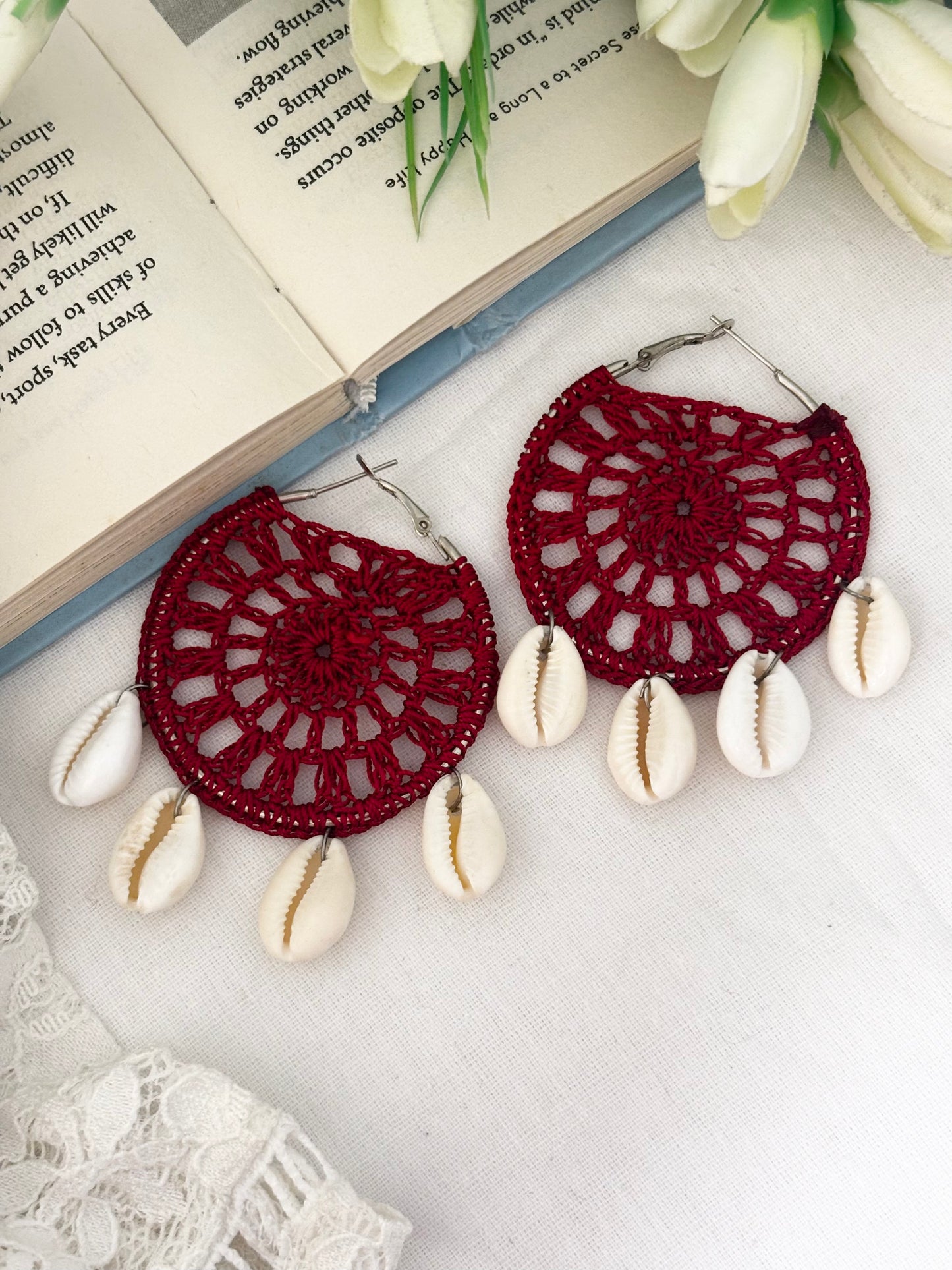 Handmade Red Crochet Cowrie Shell Hoop Earrings