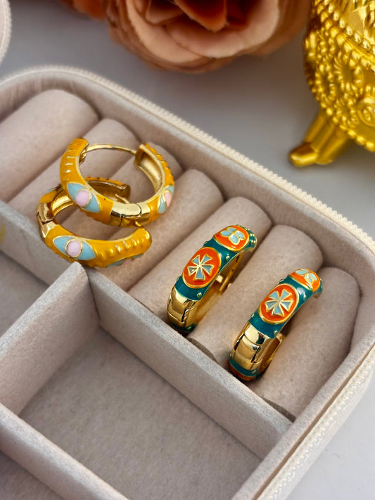 Set of 2 | Green-Yellow Enamel Huggie Hoops | Anti-Tarnish Gold Plated Meenakari Earrings