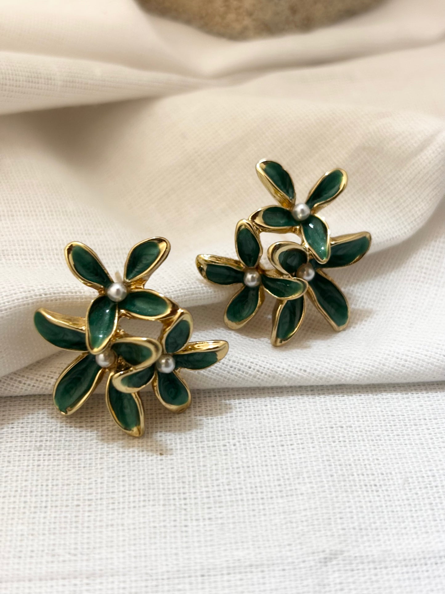 Green Enamel Flower Cluster Earrings