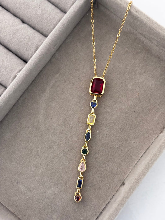 Golden Multicolor Stone Vertical Drop Necklace