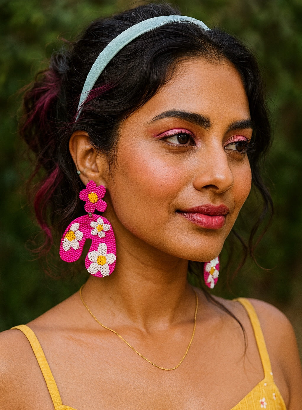Fushia Beaded Petal Flower Earrings