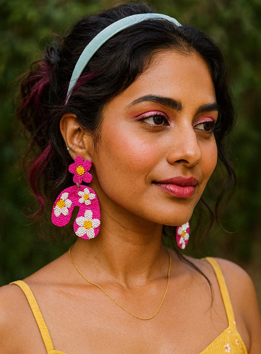Fushia Beaded Petal Flower Earrings
