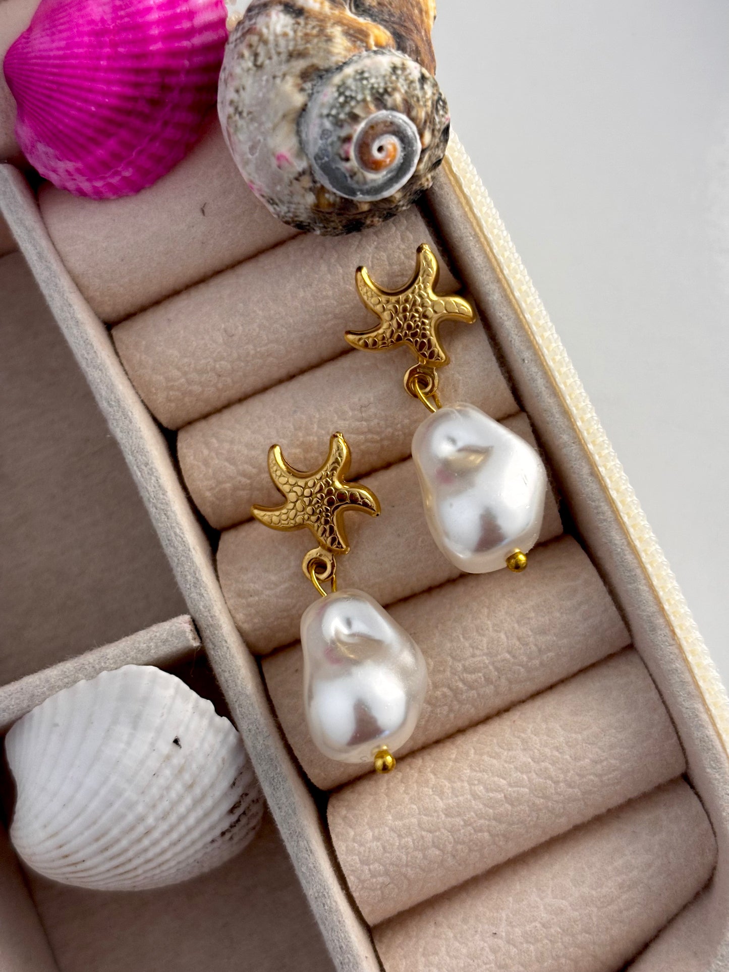 Starfish Pearl Drop Earrings Anti-Tarnish Gold Plated Mother of Pearl Earrings