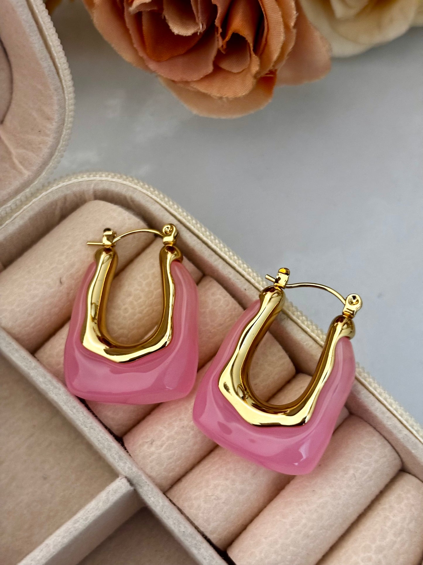 Pink Sorbet Resin Contemporary Hoops | Anti Tarnish Gold Plated