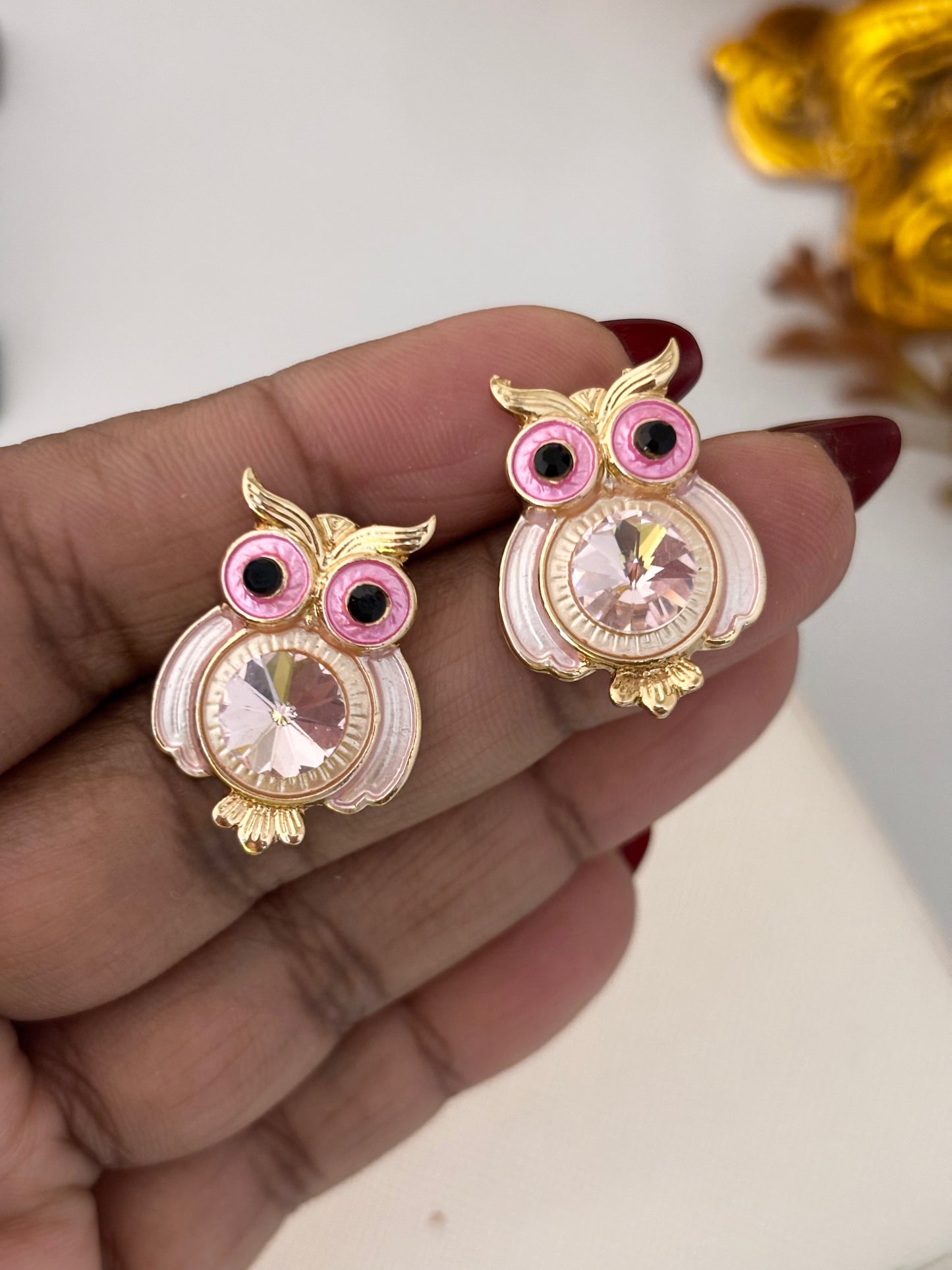Pink Owl Stud Earrings for Women | Anti-Tarnish Gold Plated Zircon Enamel Earrings
