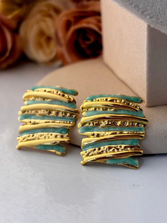 Sea Green Hammered Enamel Stud Earrings | Anti Tarnish Gold Plated