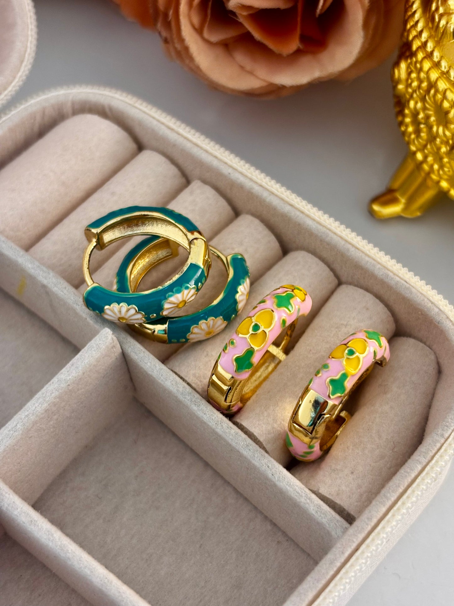 Set of 2 | Green-Pink Enamel Floral Huggie Hoops | Anti-Tarnish Gold Plated Meenakari Earrings