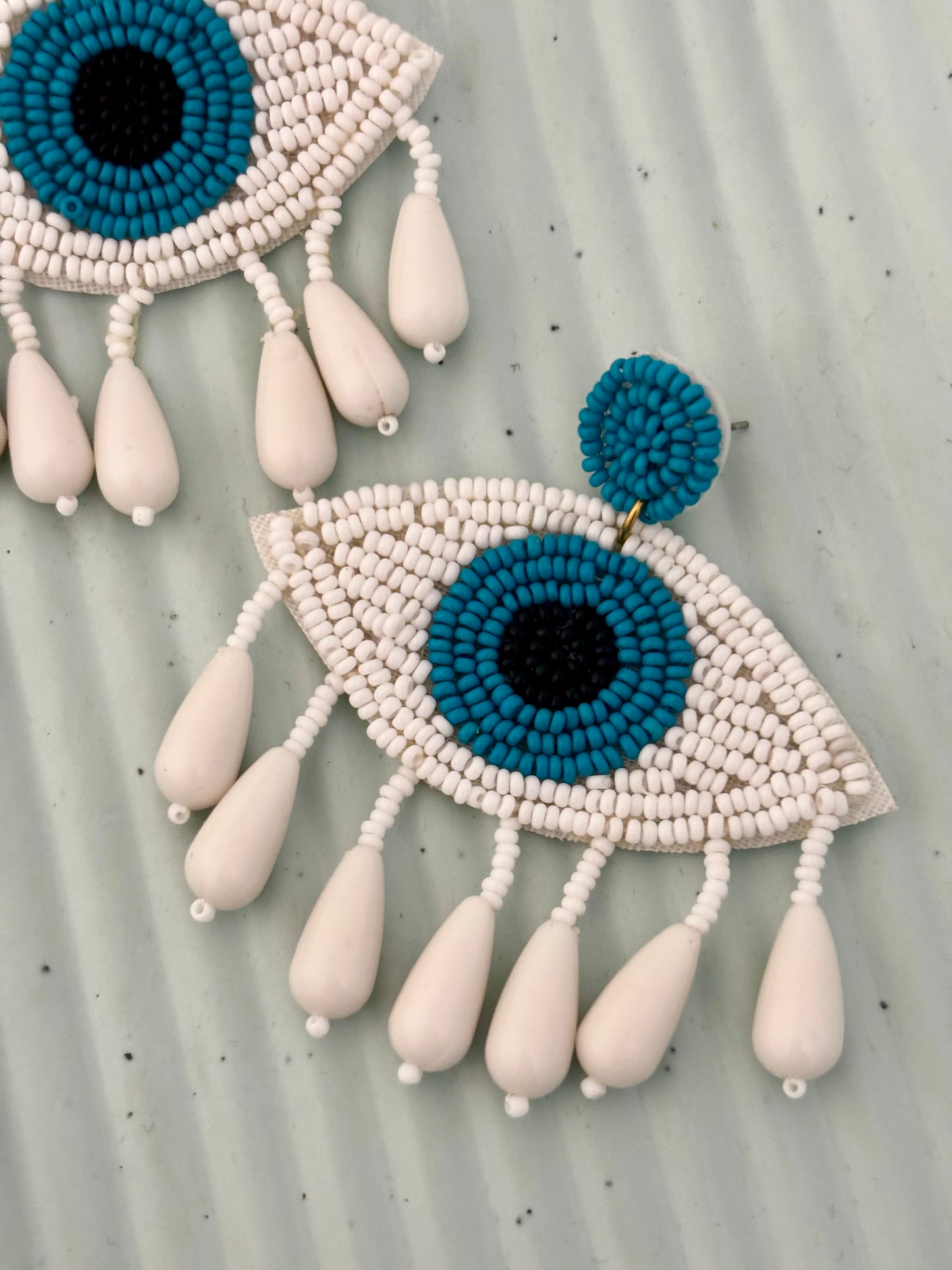 Blue and White Evil Eye Statement Fringe Earrings