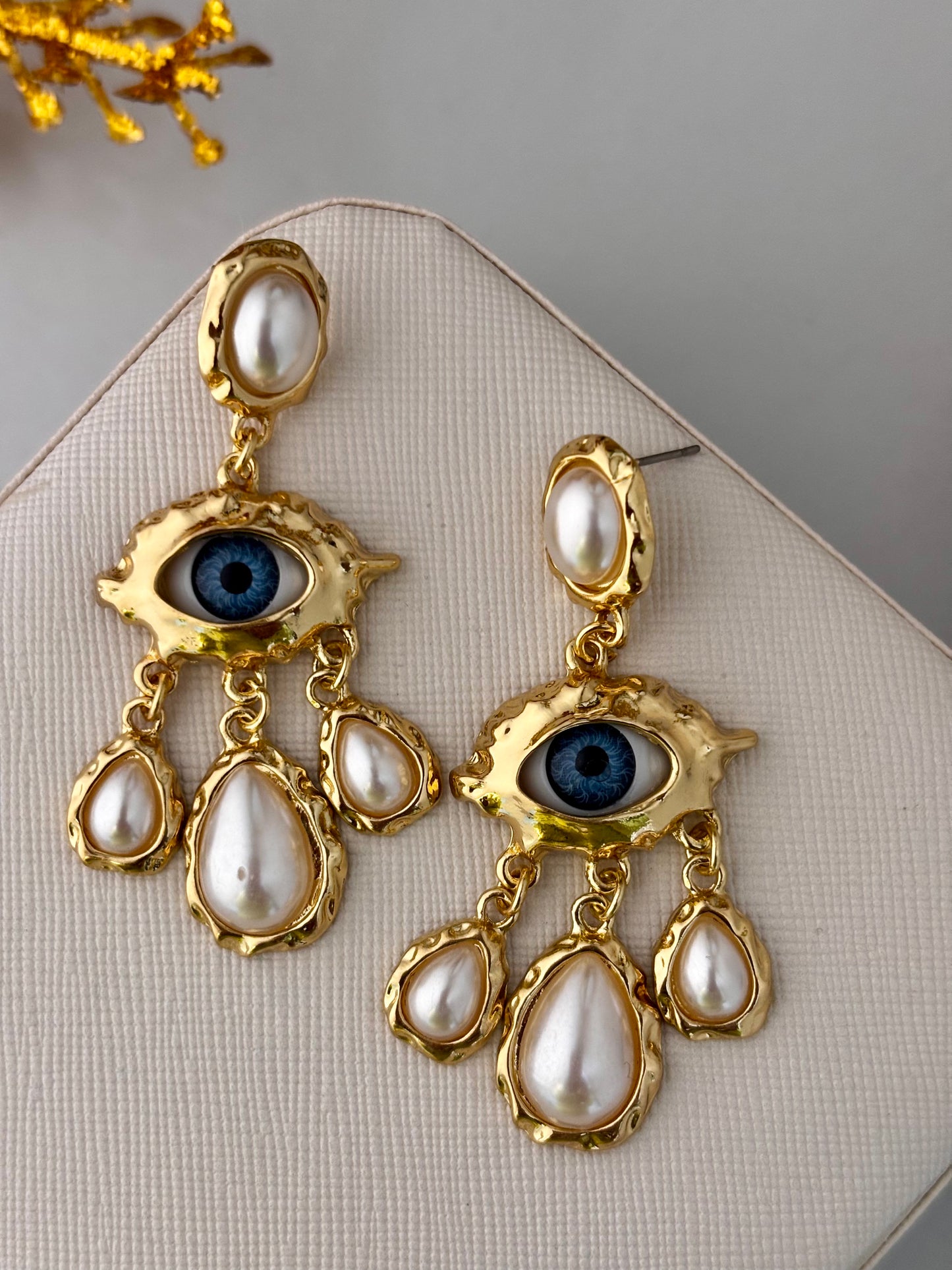 Pearl Evil Eye Statement Dangle Earrings | Anti Tarnish Gold Plated