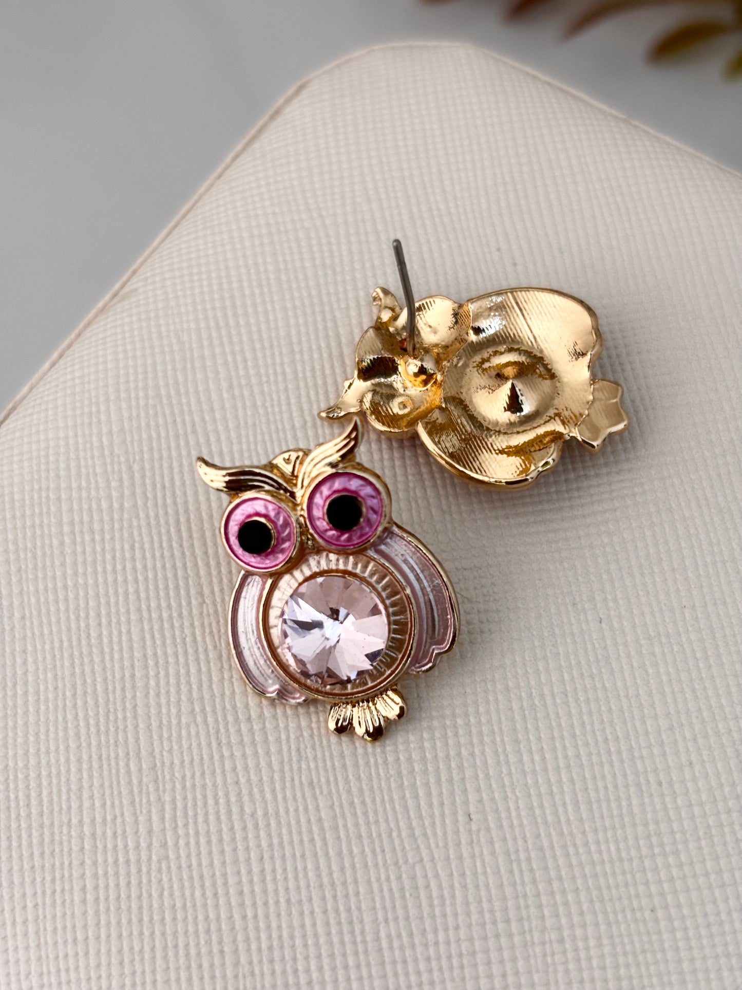 Pink Owl Stud Earrings for Women | Anti-Tarnish Gold Plated Zircon Enamel Earrings