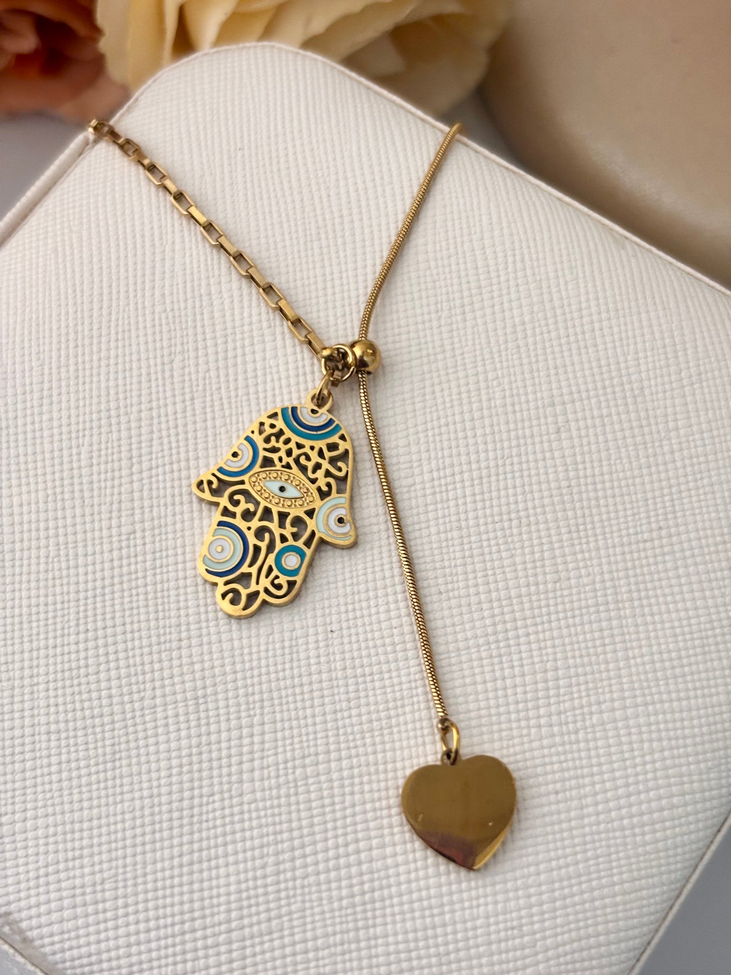 Hamsa Harmony Evil Eye Lariat | Anti Tarnish Protection Necklace