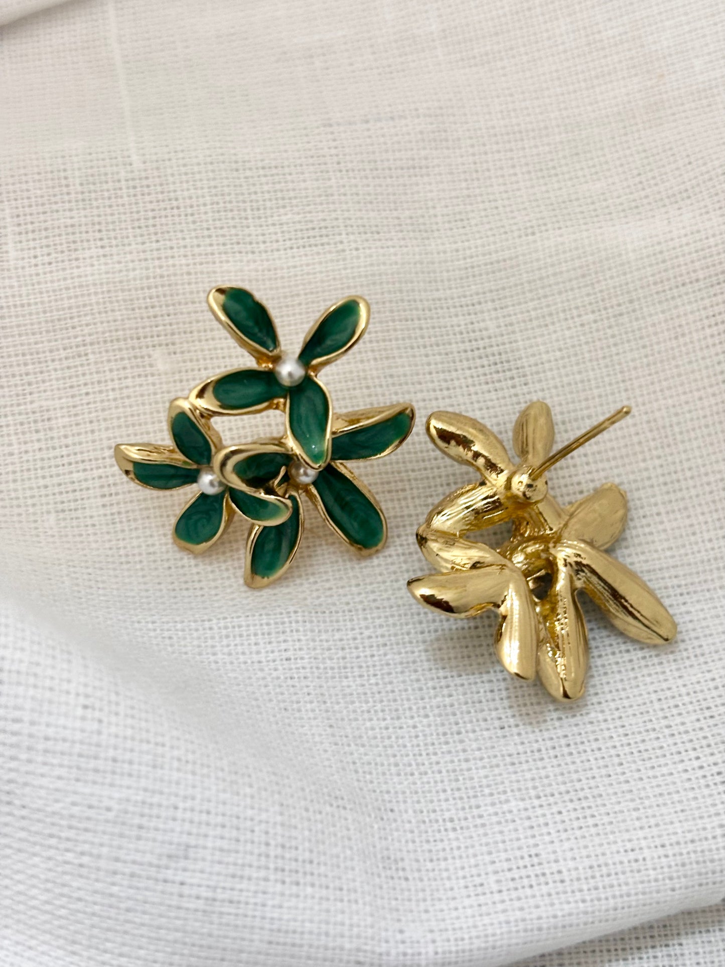 Green Enamel Flower Cluster Earrings