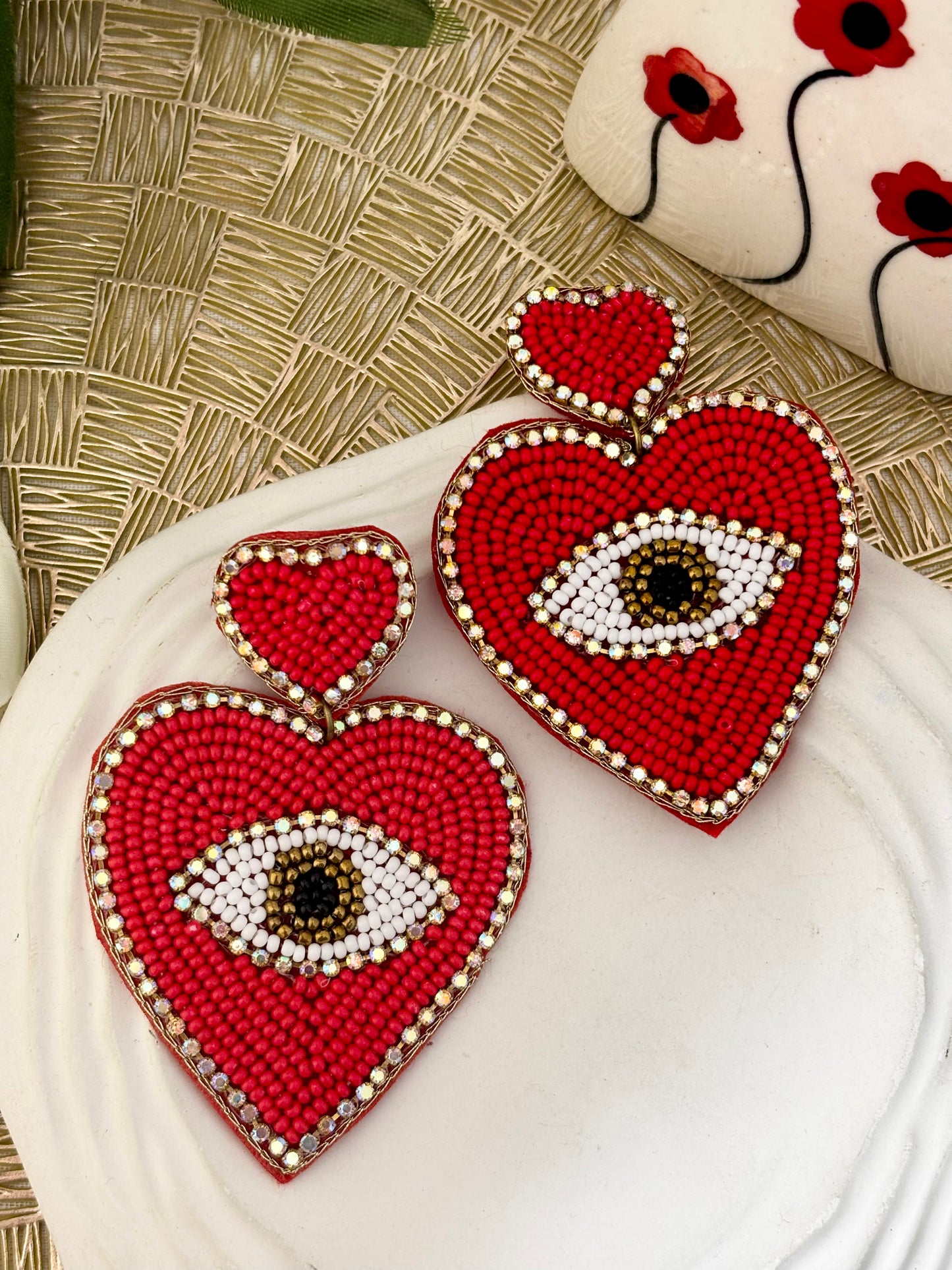 Handmade Red Heart Evil Eye Beaded Earring