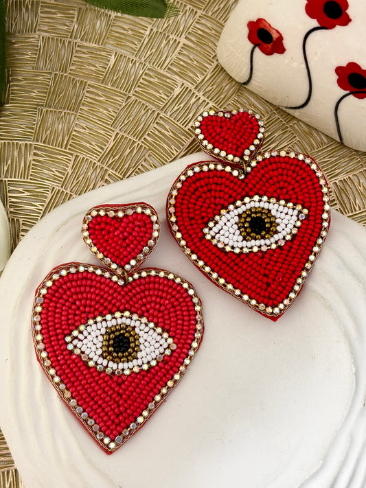 Handmade Red Heart Evil Eye Beaded Earring