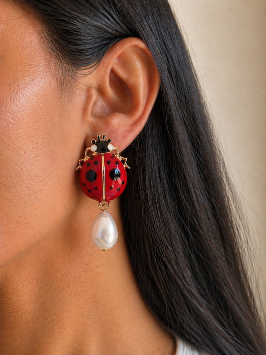 Ladybug with Pearls Statement Earrings
