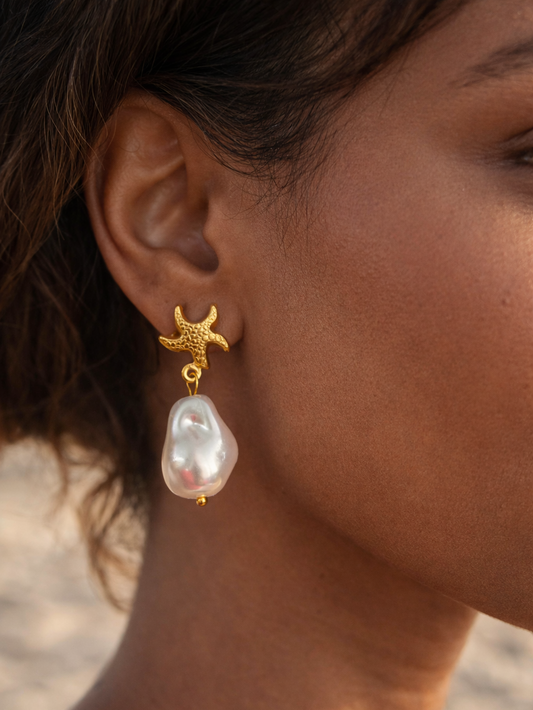 Starfish Pearl Drop Earrings Anti-Tarnish Gold Plated Mother of Pearl Earrings