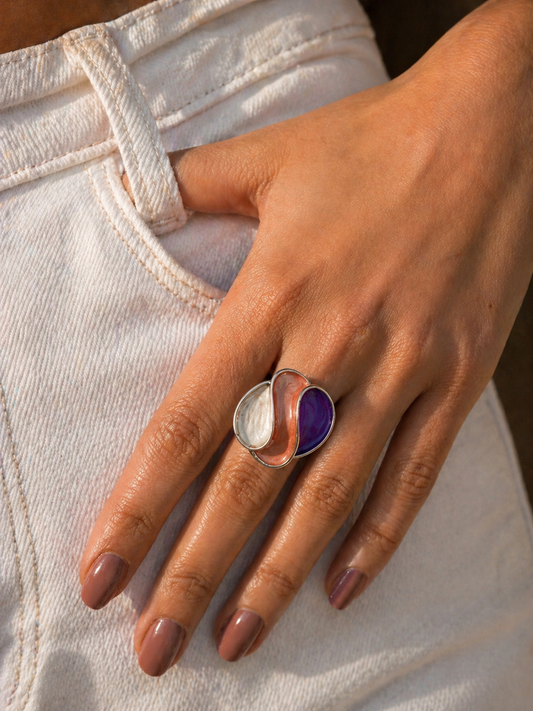 Sculptural Enamel Cocktail Statement Ring | Adjustable Silver Base