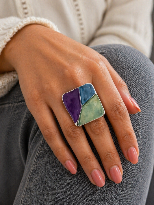 Adjustable Modern Art Square Enamel Statement Ring | Silver Base