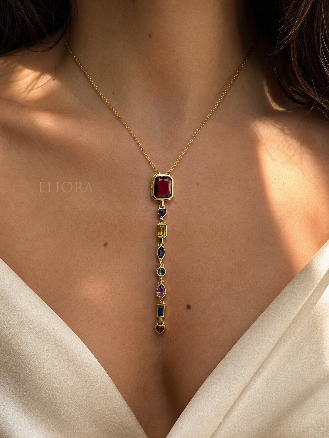 Golden Multicolor Stone Vertical Drop Necklace