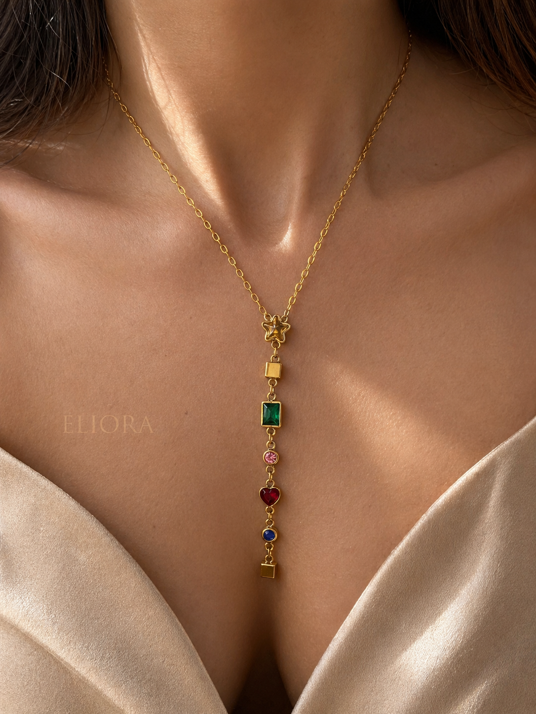 Viral Golden Multicolor Stone Vertical Drop Necklace