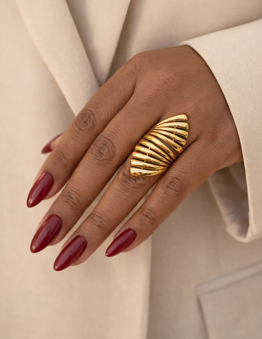 Chunky Ribbed Gold Dome Ring - Anti Tarnish Gold Plated