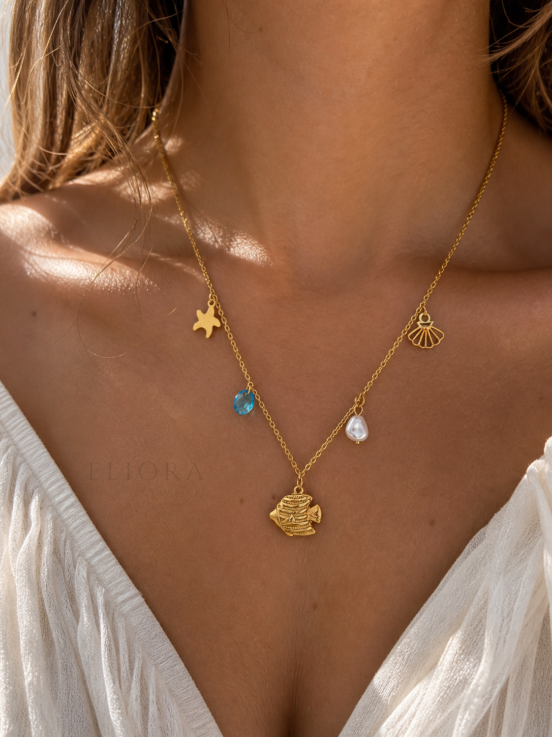 Fishy Beach Charms Necklace | 18k Gold Plated Waterproof