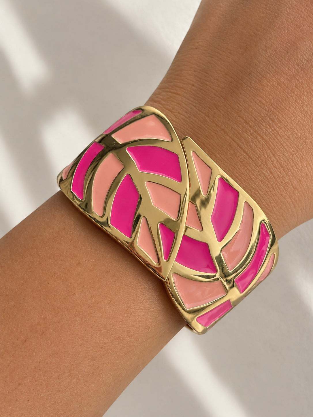 Pink and Peach Enamel Mosaic Gold Cuff Bracelet