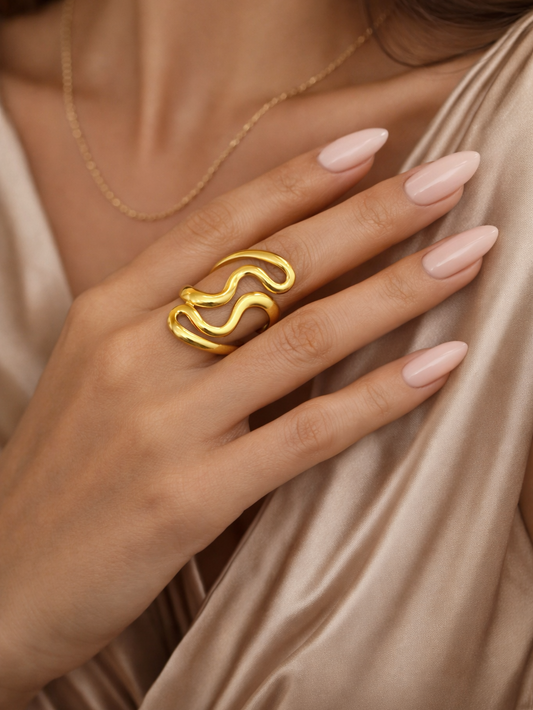 Abstract Wave Gold Statement Ring for Women