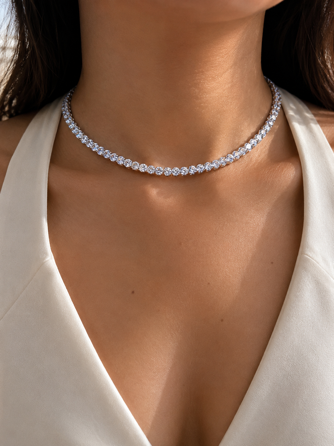 Sparkling Silver Tennis Choker with Cubic Zirconia