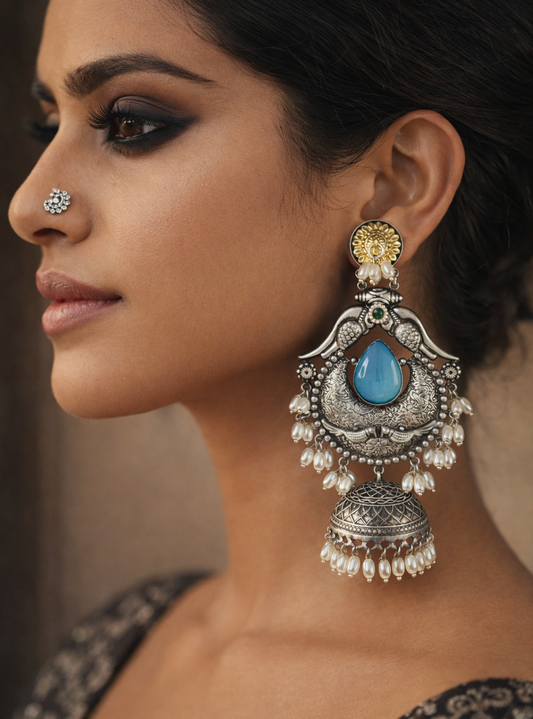 Manorama Long Jhumka Earrings (Blue) | Silver Look Alike