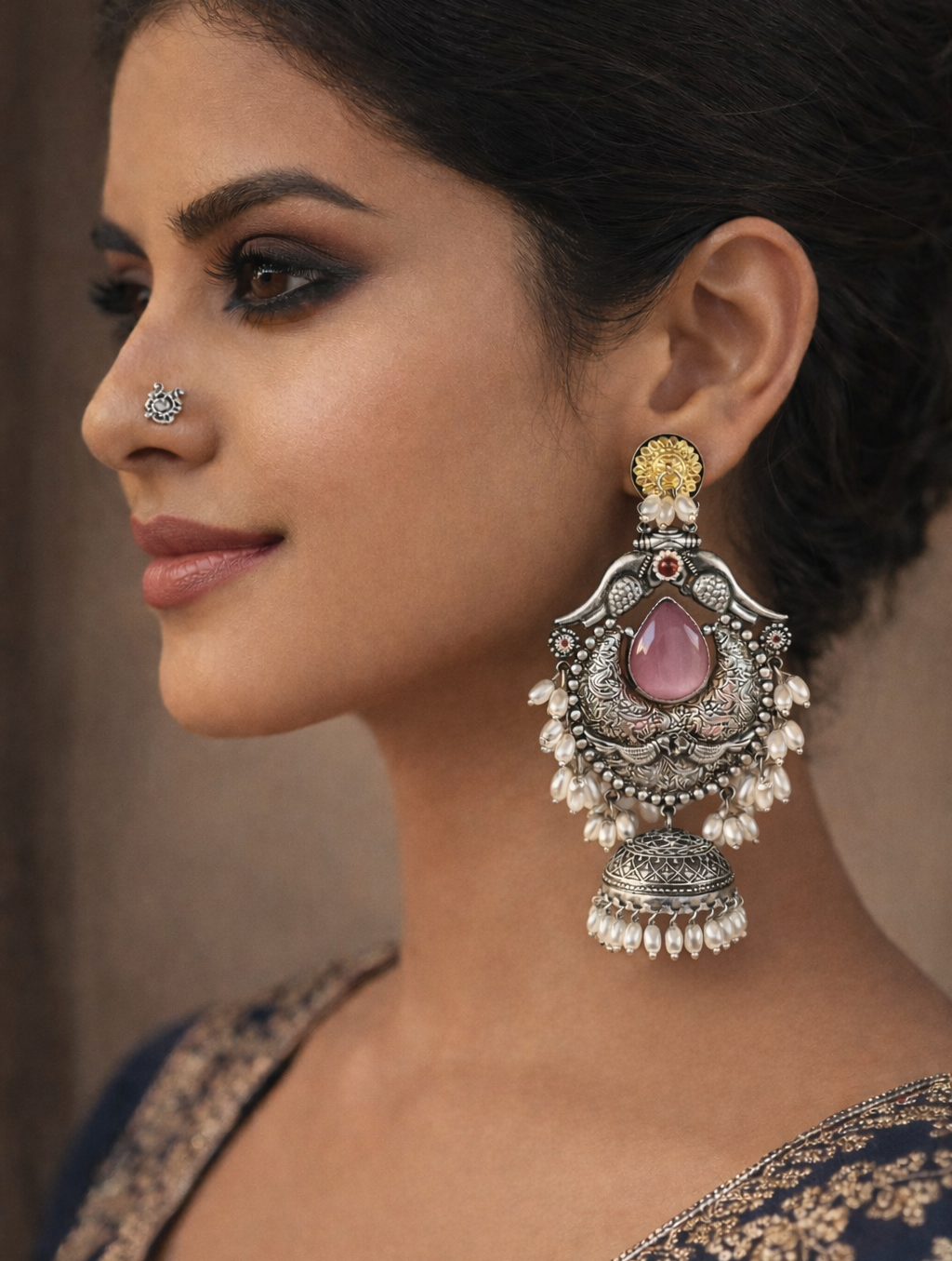 Manorama Long Jhumka Earrings (Pink) | Silver Look Alike