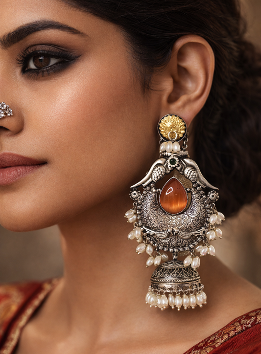 Manorama Long Jhumka Earrings (Rust) | Silver Look Alike